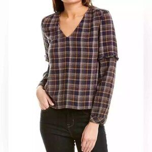 Madewell Top Blue Plaid Long Sleeve V Neck Popover Womens Small